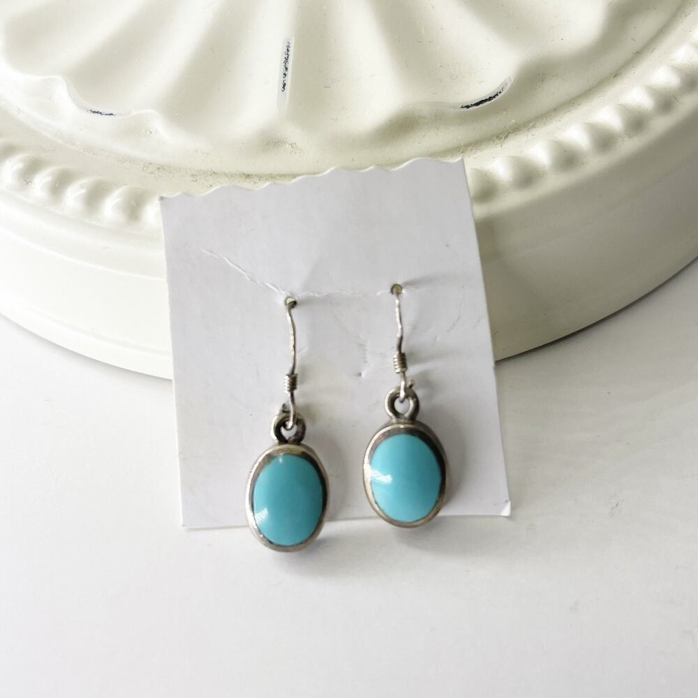 Vintage Sterling Silver .925 Earrings Blue Turquoise Oval Dangle Fashion Style